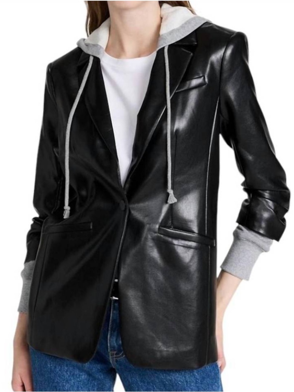 Cinq A Sept Hooded Khloe Blazer Jacket In Black Faux Leather & Gray